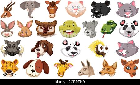 Set von verschiedenen niedlichen Cartoon Tiere Kopf riesige isoliert auf weißem Hintergrund Illustration Stock Vektor