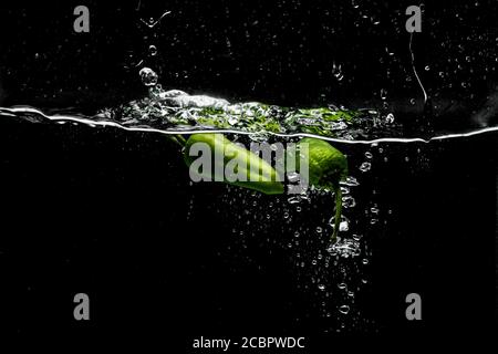 Freeze Motion von Jalapeno Peppers mit Wasser Splash auf schwarz Hintergrund Stockfoto