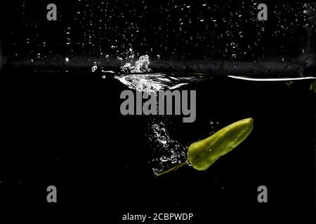 Freeze Motion von Jalapeno Peppers mit Wasser Splash auf schwarz Hintergrund Stockfoto