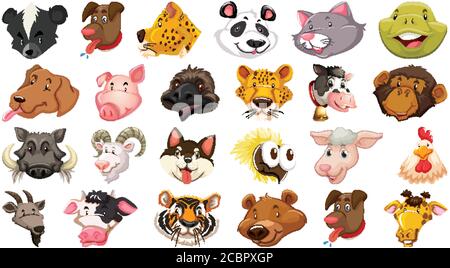 Set von verschiedenen niedlichen Cartoon Tiere Kopf riesige isoliert auf weißem Hintergrund Illustration Stock Vektor