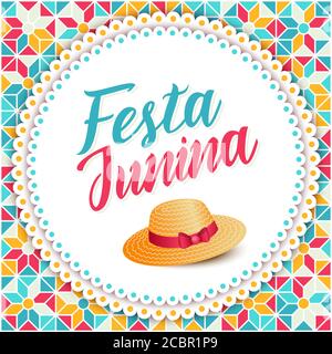 Festa Junina Illustration - traditionelle Brasilien juni Festival Party - Mittsommerurlaub. Karneval Hintergrund - Schriftzug Festa Junina, Strohhut auf Stock Vektor