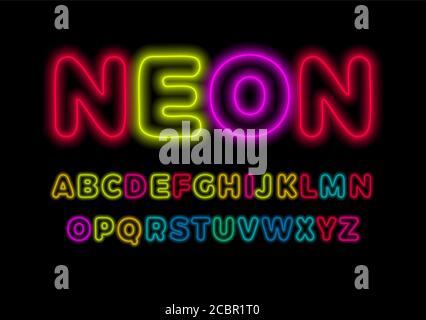 Set aus Neonbuchstaben. Leuchtende, farbenfrohe Schrift. Leuchtende Röhren Stil Vektor lateinisches Alphabet. Schriftart für Event, Promo, Logo, Banner, Monogramm und Poster. Satz Stock Vektor
