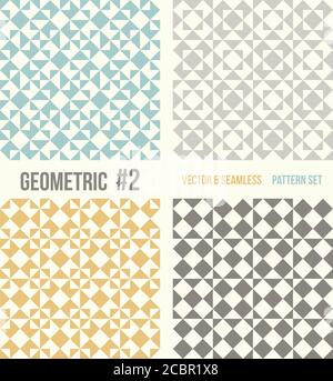 Satz von vier geometrischen Mustern. Sammlung von verschiedenen abstrakten Mustern, Nummer 2. Blaugrün, gelb und grau, dunkelgraue Hintergründe. Einfache Farben - eas Stock Vektor