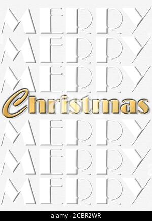 Frohe Weihnachten Grußkarte aus Weißgold Text Frohe Weihnachten auf weißem Hintergrund. Verical Poster, Board. 3D-Darstellung Stockfoto