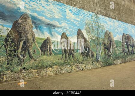 Wandkunst an der Sheringham Promenade mit einem neolithischen Mammutthema, Sheringham, Norfolk, England Stockfoto