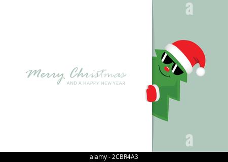 Cute Weihnachtsbaum mit Sonnenbrille schaut um die Ecke lustig Weihnachten Design Vector Illustration EPS 10. Stock Vektor