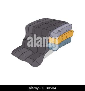 Graue Decke und drei dekorative bunte Kissen Vektor-Illustration. Stock Vektor