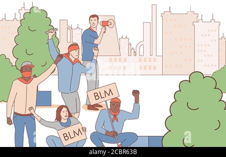 Proteste in den Vereinigten Staaten von Amerika. Männer halten Plakate mit Black Lives Matter Wörter und protestieren in Stadtpark Vektor Cartoon skizzieren Illustration. Toleranz und stoppen Rassismus Konzept. Stock Vektor