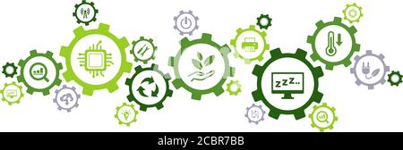 Green Computing / Green IT Connected Icon Konzept: Umweltverträgliche IKT, Recycling, Cloud Computing, Systemdesign – Illustration. Stockfoto