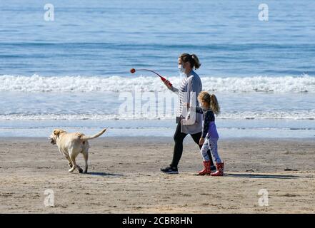 Auckland, Neuseeland. August 2020. Eine Mutter und ihre Tochter gehen einen Hund an einem Strand in Auckland, Neuseeland, 15. August 2020. Neuseeland berichtete am Samstag sieben neue bestätigte Fälle von COVID-19, sagte das neuseeländische Gesundheitsministerium in einer Erklärung. Am Freitag erklärte Premierminister Jacinda Ardern die Sperrung der Alarmstufe 3 für die Region Auckland und die Beschränkung der Alarmstufe 2 für den Rest des Landes für 12 Tage bis zum 26. August. Kredit: Li Qiaoqiao/Xinhua/Alamy Live Nachrichten Stockfoto