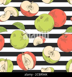 Apfel Obst Grafik rot grün Farbe nahtlose Muster Hintergrund Skizze Illustrationsvektor Stock Vektor