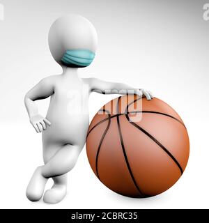 Mann mit einer Maske mit einem Ball für Basketball 3d Rendering isoliert auf Weiß Stockfoto