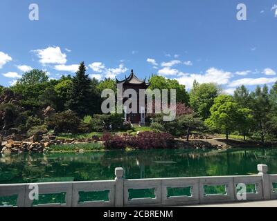 Teich und Tempel im botanischen Tempel von Montreal (Jardin botanique de Montreal). Montreal, Quebec / Kanada Stockfoto