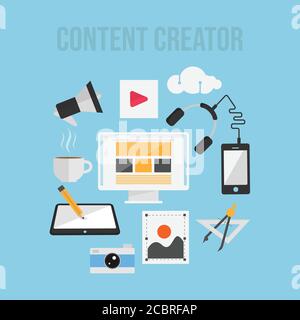 Flaches Design Konzept der Content Creator Illustration. Modernes flaches Design Konzept von Freelancer Blogger Content Creator Illustration Vektor Stock Vektor