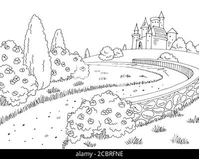 Burg Straße Grafik schwarz weiß Landschaft Skizze Illustration Vektor Stock Vektor