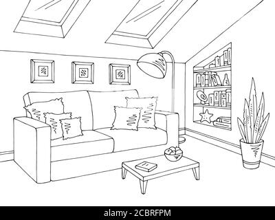 Dachboden Wohnzimmer Grafik schwarz weiß Haus Interieur Skizze Illustration vektor Stock Vektor