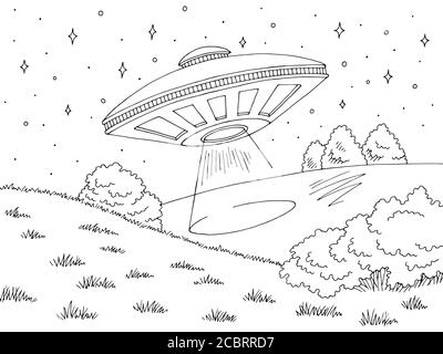 UFO fliegen über Hügel Grafik schwarz weiß Landschaft Skizze Illustration vektor Stock Vektor