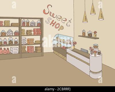 Sweet Shop Grafik Farbe Interieur Skizze Illustration Vektor Stock Vektor