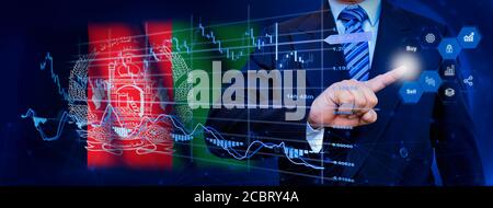 Geschäftsmann berühren Datenanalyse Prozesssystem mit KPI Finanzdiagramme, Dashboard von Aktien und Marketing auf virtuelle Schnittstelle. Mit Afghanistan Stockfoto