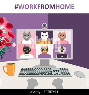 COVID-19 soziale Distanzierung - niedliche Cartoon-Katzen arbeiten zu Hause. Vektorgrafik für Videoanruf. Desktop, Pflanze und Kaffee. Live-Stream, Schüler chatten Stock Vektor