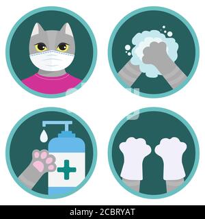 COVID-19 Sicherheitsmaßnahmen illustriert von niedlichen Cartoon-Katze. Icons Set: Tragen Sie eine Maske, waschen Sie sich die Hände, verwenden Sie Desinfektionsmittel, tragen Sie Handschuhe. Lustige Anleitung für Kinder Stock Vektor