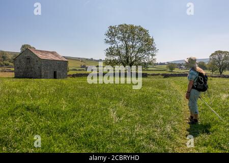 Landschaft in Großbritannien: Weibliche Wanderer, die an einem heißen Sommertag, dem Yorkshire Dales National Park, die atemberaubende Aussicht auf den Grassington Woods Walk bewundern Stockfoto