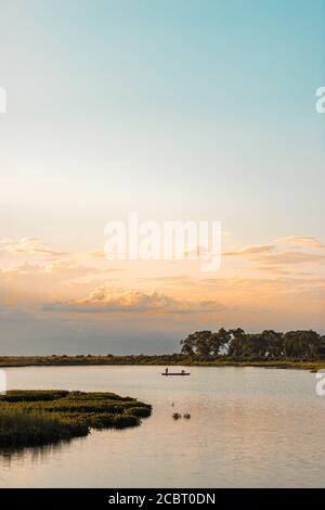 Assam, indien - 12. August 2020 : Bootsmann mit einer schönen Landschaft an der goldenen Stunde. Stockfoto