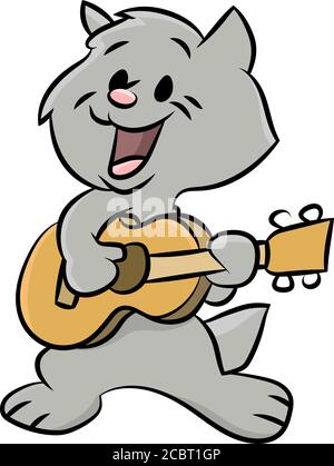 Cute Cartoon Katze spielen Gitarre und Gesang Songs Vektor Illustration Stock Vektor