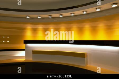 Studio. Gelbes Studio. Tv-Studio. Nachrichtenraum. 3D-Rendering. 3D Stockfoto