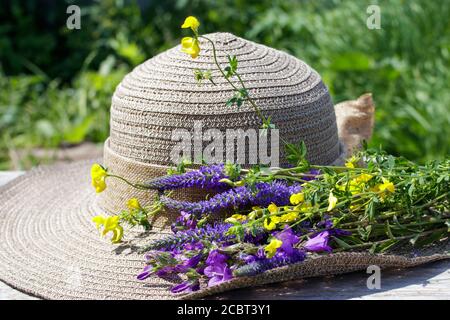Sommerkomposition. Blumenstrauß und weiblicher Sonnenhut. Stockfoto