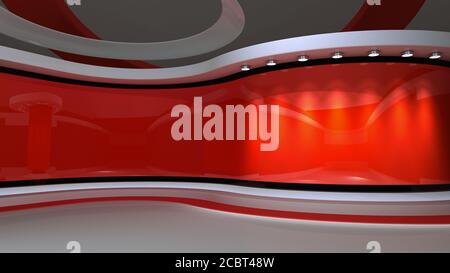 Red Studio. Roter Hintergrund. Nachrichtenstudio. Der perfekte Hintergrund für jede Green Screen- oder Chroma Key-Video- oder Fotoproduktion. Aktuelle Nachrichten. 3d-Rendering. Stockfoto