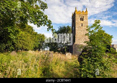 Der Glockenturm am Illogan Church Yard in Cornwall. Das Bild wurde an einem Morgen Anfang Juli aufgenommen. Stockfoto