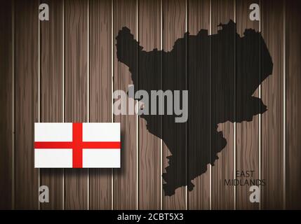 Karte der East Midlands, Region England und der Flagge Englands, auf Holzhintergrund, 3D-Illustration. Stockfoto