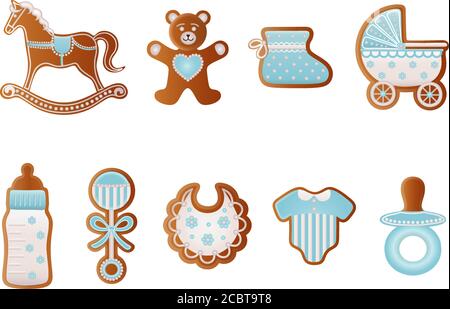 Lebkuchen in der Babydusche. Blaue Plätzchen für den kleinen Jungen. Schaukelpferd, Bär, Babyschuh, Babywagen, Fütterungsflasche, Schnuller, Kleid, Rassel und Fütterung Stock Vektor