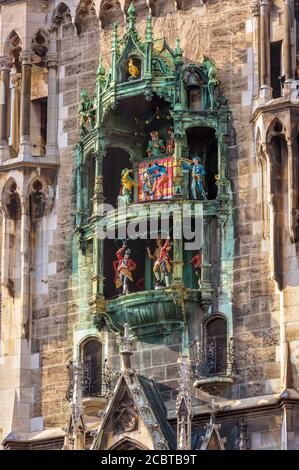 Clock Tower oder Glockenspiel, Teil des Glockenspiels, München, Deutschland. Detail des Rathauses mit Glockenspiel in der Münchner Innenstadt. Das ist es Stockfoto