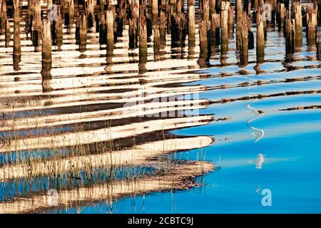 Weiße, reflektierende Wellen, die durch das Waschen eines vorbeifahrenden Gefäßes verursacht werden In Steveston British Columbia Stockfoto