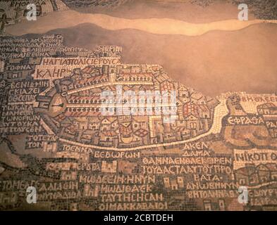 DET-MOSAICO DE MADABA-S VI- 560/65- PERIODE BIZANTINO-MAPA DE LA CIUDAD DE JERUSALEM. ORT: IGLESIA DE SAN JORGE. Madaba. Stockfoto