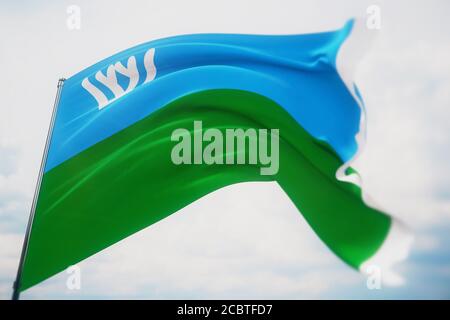 Flagge des Autonomen Okrug Chanty-Mansi. Hochauflösende Nahaufnahme-3D-Darstellung. Flaggen der föderalen Subjekte Russlands. Stockfoto