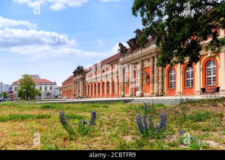 Filmmuseum mit Gras und Blumen im Vordergrund in Potsdam, Deutschland Stockfoto