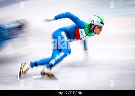 Dresden, 03. Februar 2019: Tommaso Dotti aus Italien tritt bei der ISU Short Track Speed Skating World Championship an Stockfoto