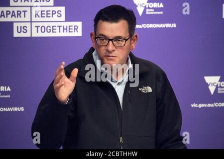 Melbourne, Australien, 15. August 2020, Victorian State Premier Daniel Andrews führt die tägliche Pressekonferenz, wo er Medien und die Menschen des Staates Victoria über die Bemühungen, die Ausbreitung des Corona-Virus in Australiens zweitbevölkerungsreichsten Staat einzudämmen aktualisiert. Kredit: Michael Currie/Alamy Live Nachrichten Stockfoto