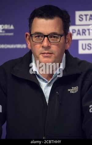 Melbourne, Australien, 15. August 2020, Victorian State Premier Daniel Andrews führt die tägliche Pressekonferenz, wo er Medien und die Menschen des Staates Victoria über die Bemühungen, die Ausbreitung des Corona-Virus in Australiens zweitbevölkerungsreichsten Staat einzudämmen aktualisiert. Kredit: Michael Currie/Alamy Live Nachrichten Stockfoto