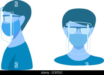 Medizinischer Gesichtsschutz zum Schutz vor Coronavirus oder COVID-19 Infektion. Ein Mann trägt einen Gesichtsschutz, der an einer Brille und einer Gesichtsmaske befestigt ist. Vecto Stock Vektor