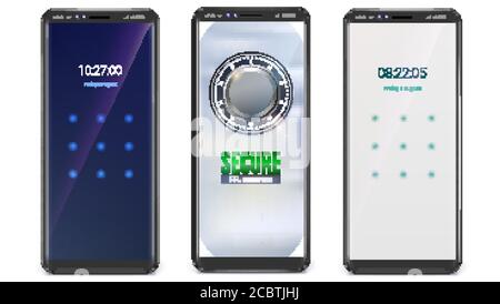 Smartphones mit Zugriffsbildschirm. UI-Bildschirm mit analogem Kennwort. Eingabe des digitalen grafischen Kennworts. Tag- und Nachtversion. Vektor-3D-Illustration. Stock Vektor