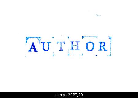 Blaue Farbe Tinte von Gummistempel in Wort Autor auf Hintergrund des Whitepapers Stockfoto
