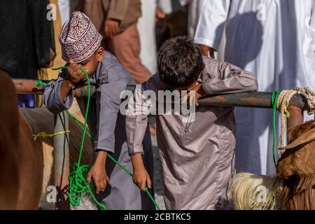 Kinder, die an den Freitagsversteigerungen bei Nizwa Souq teilnehmen Stockfoto