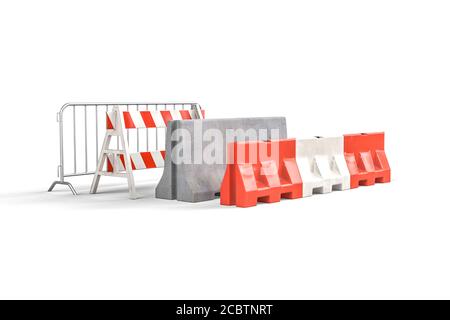 Vier Arten von Straßensperren - Stahl Barrikade - A-Rahmen Barrikade, Beton Barrikade, Wasser gefüllt Barrikade - 3d-Render Stockfoto
