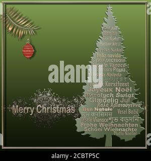 Weihnachtskarte mit Text Frohe Weihnachten in europäischen, osteuropäischen, Hindi, Bengalischen, Indischen, Japanischen Sprachen, hängenden roten Ball auf grünen backgrou Stockfoto