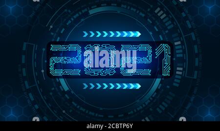 Neujahr 2021. Bannerbeschriftung, Leiterplatte auf dem Hintergrund der HUD Technologie. Vektorgrafik Stock Vektor