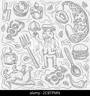 Food Chef Charakter Hand gezeichnete Doodle auf weißem isolierten Hintergrund. Vektorbild Stock Vektor